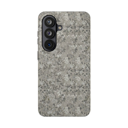 Gray Floral Tough Phone Case — Durable Protective Phone Cover with Vintage Botanical Pattern