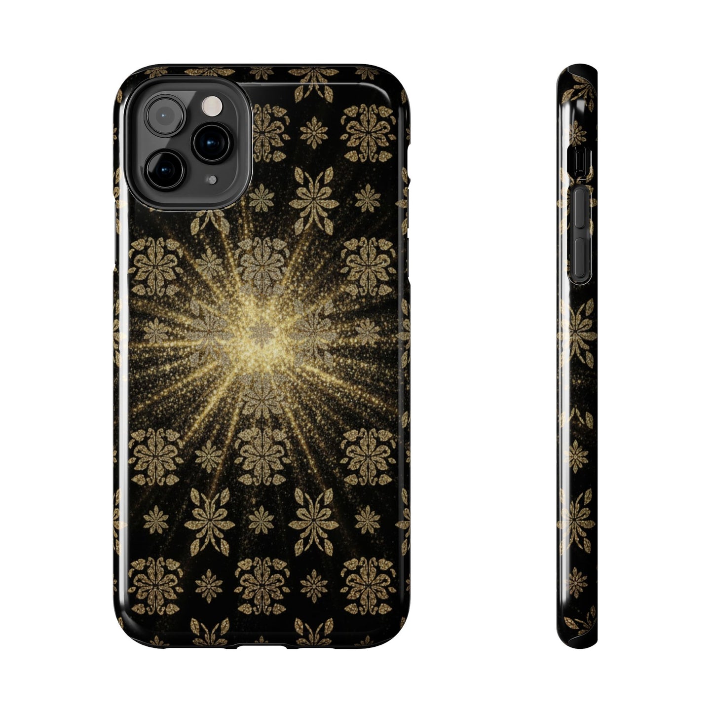 Glitter Burst Tough Phone Case — Black & Gold Floral Protective Cover