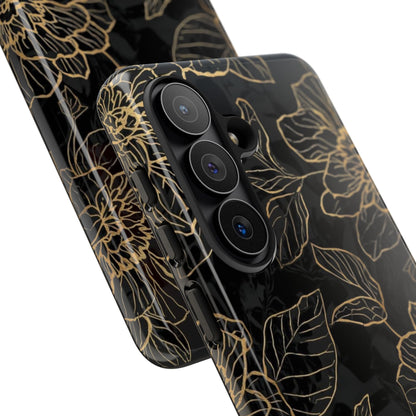 Floral Gold Outline Tough Phone Case – Black Botanical Protective Cover