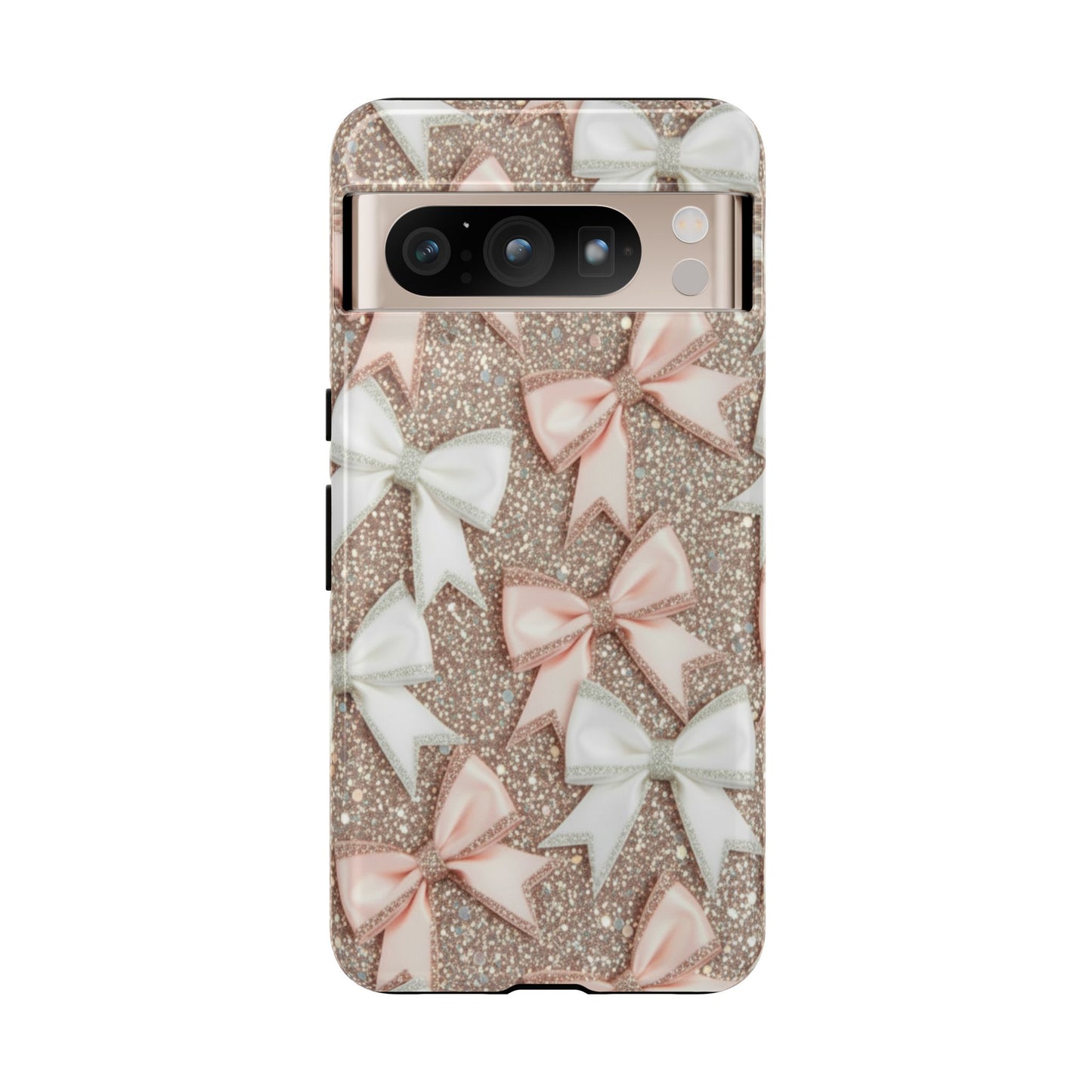 Glitter Bow Tough Phone Case — Pink & White Ribbon Protective Cover