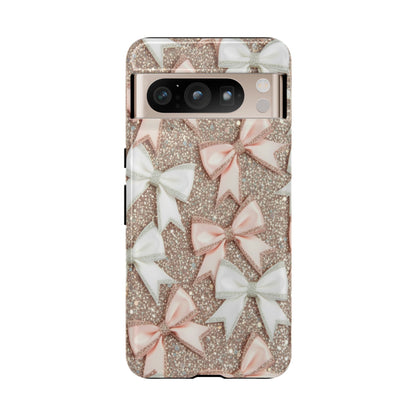 Glitter Bow Tough Phone Case — Pink & White Ribbon Protective Cover