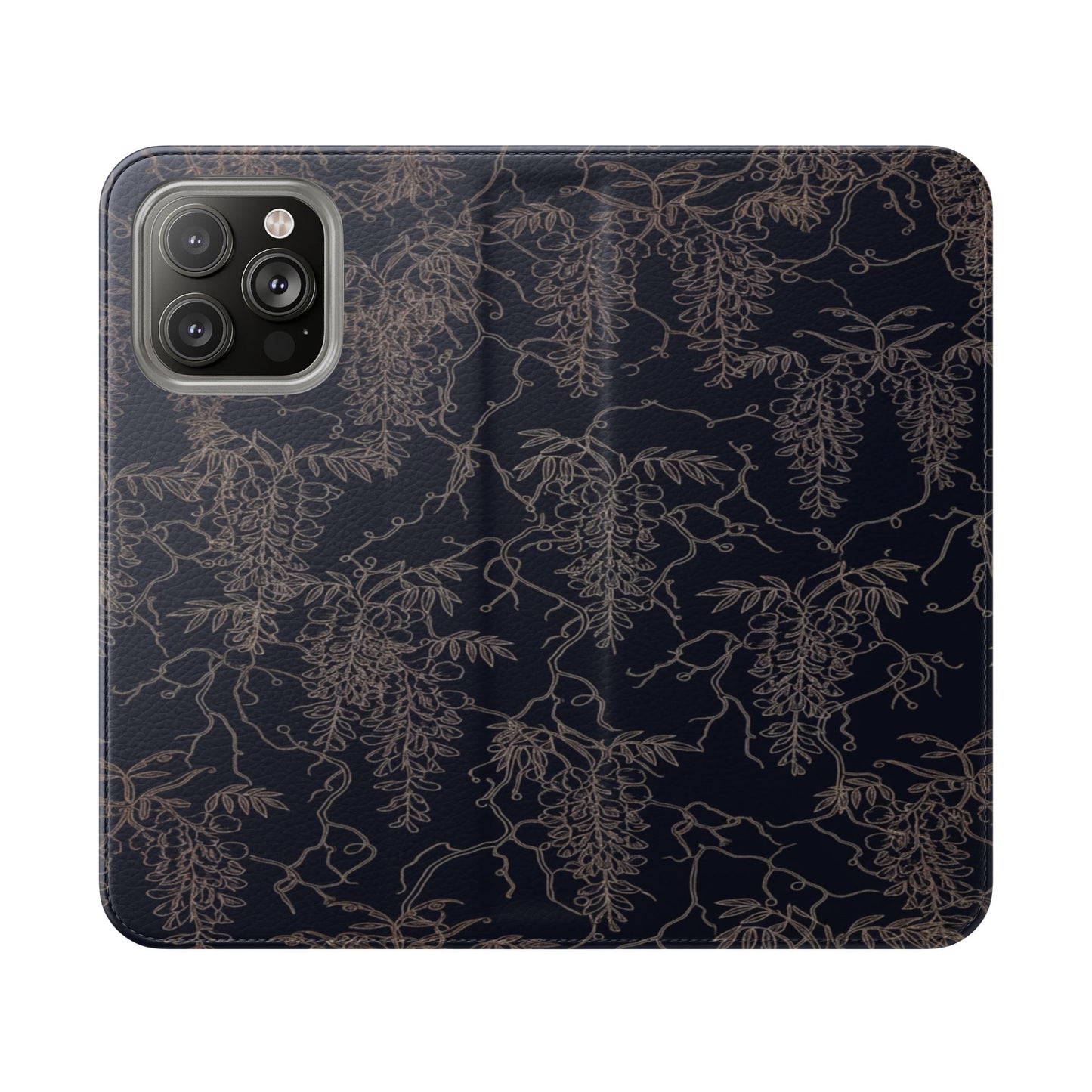 Botanical Noir Flip Phone Case — Dark Floral Wallet Cover with Card Slots