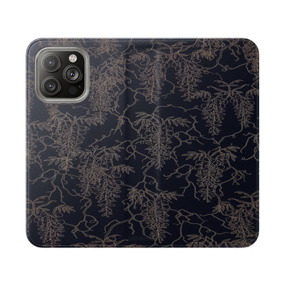 Botanical Noir Flip Phone Case — Dark Floral Wallet Cover with Card Slots