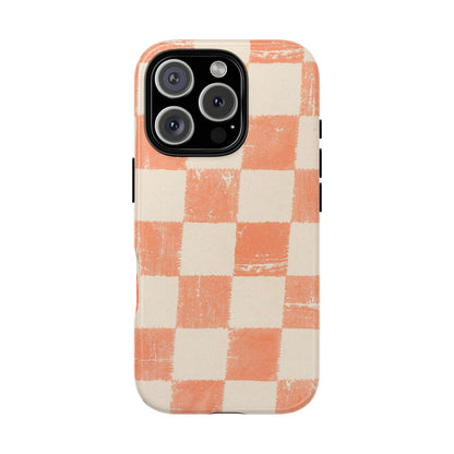 Peach Checkerboard Tough Phone Case — Retro Distressed Grid Design