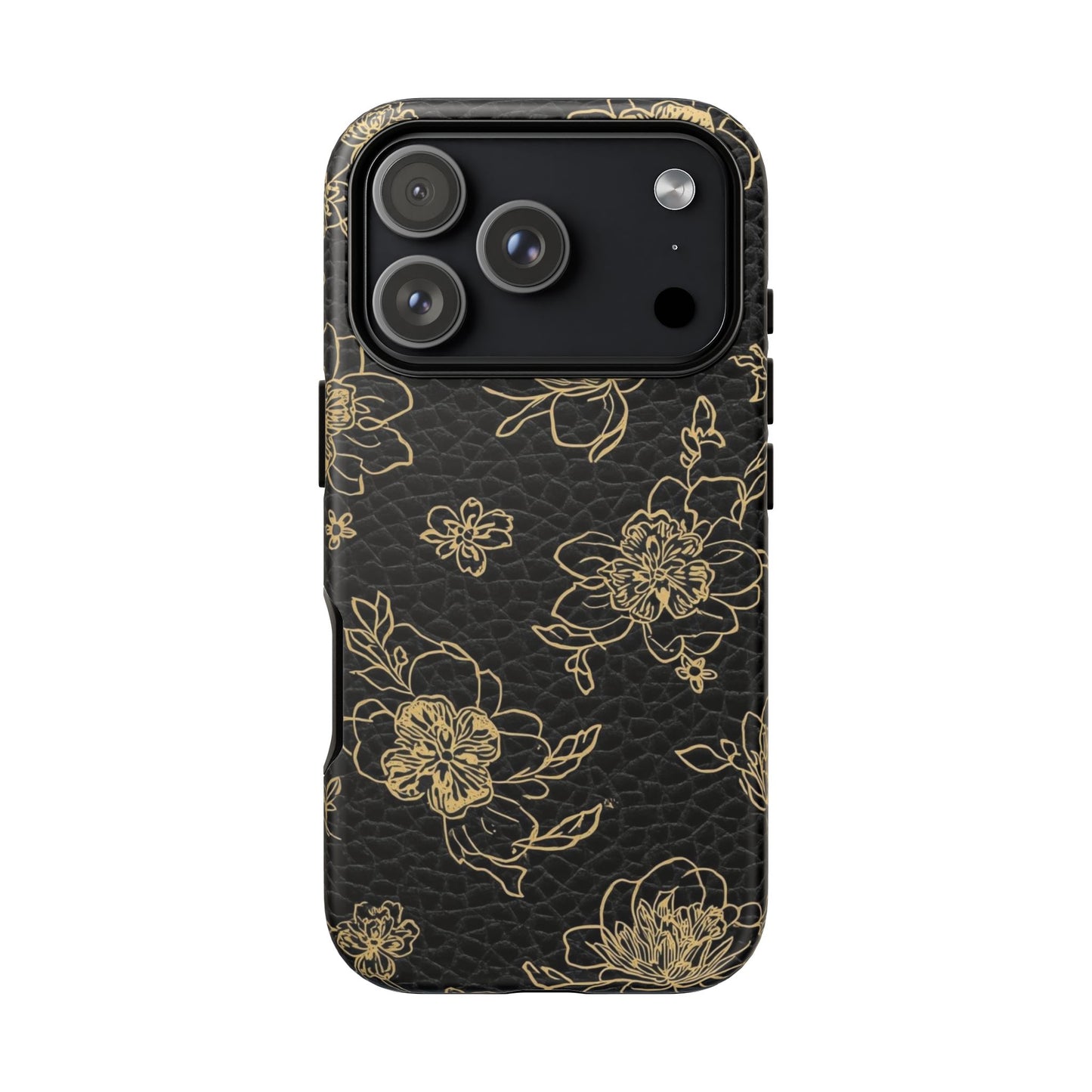 Floral Leather Phone Case — Gold Outline Flowers on Black Tough Case