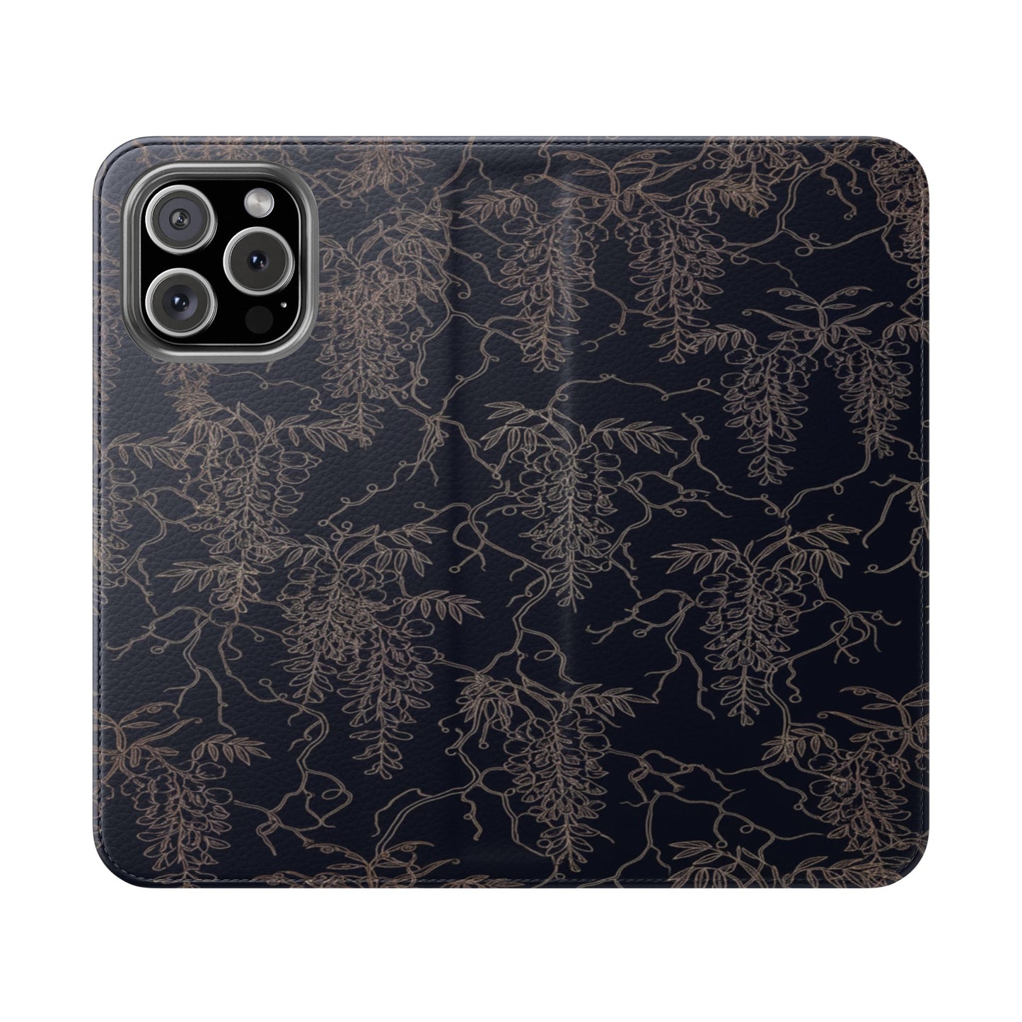 Botanical Noir Flip Phone Case — Dark Floral Wallet Cover with Card Slots