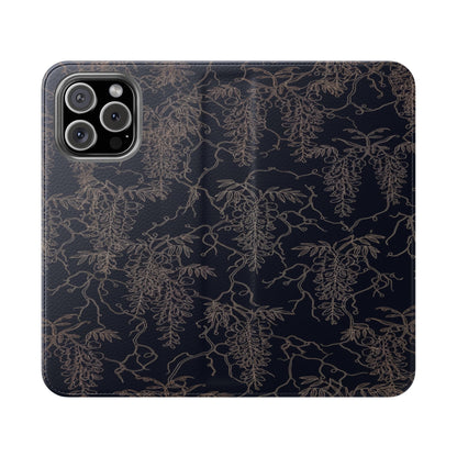 Botanical Noir Flip Phone Case — Dark Floral Wallet Cover with Card Slots