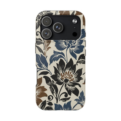 Floral Vintage Tough Phone Case — Blue & Brown Botanical Protection