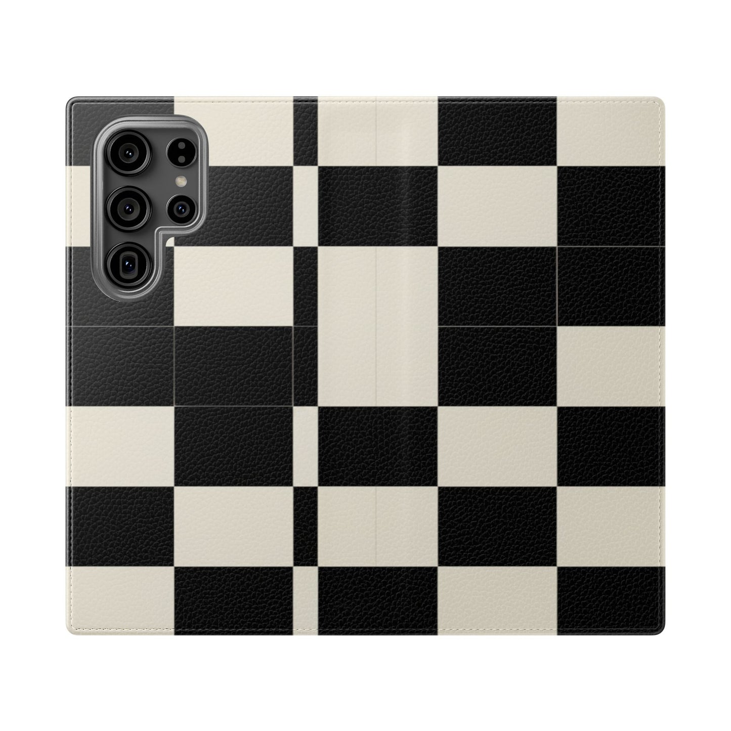 Checkered Flip Phone Case – Black & Cream Retro Grid Wallet Case