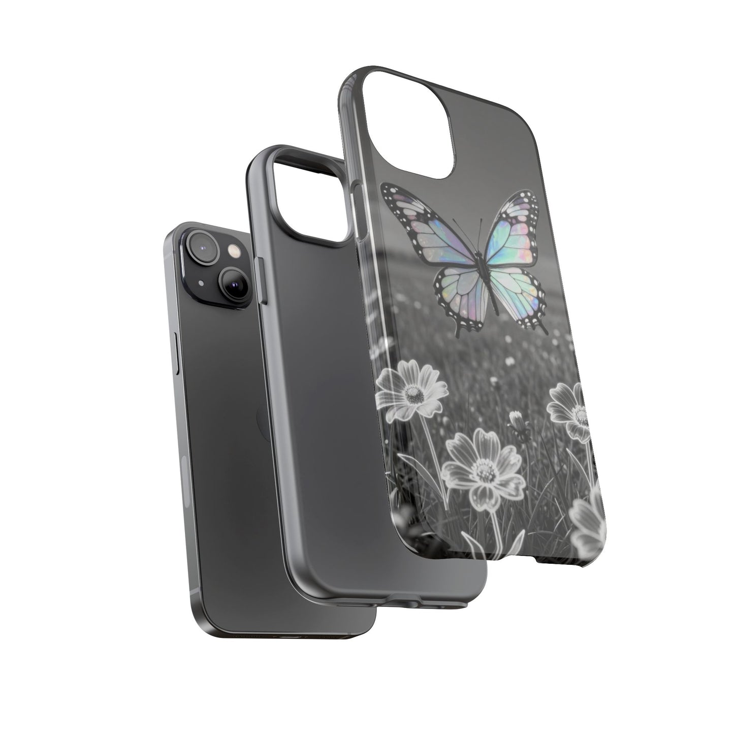 Butterfly Field Tough Phone Case — Pastel Holographic Butterfly on Black & White Floral Background