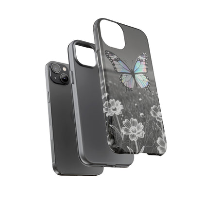 Butterfly Field Tough Phone Case — Pastel Holographic Butterfly on Black & White Floral Background