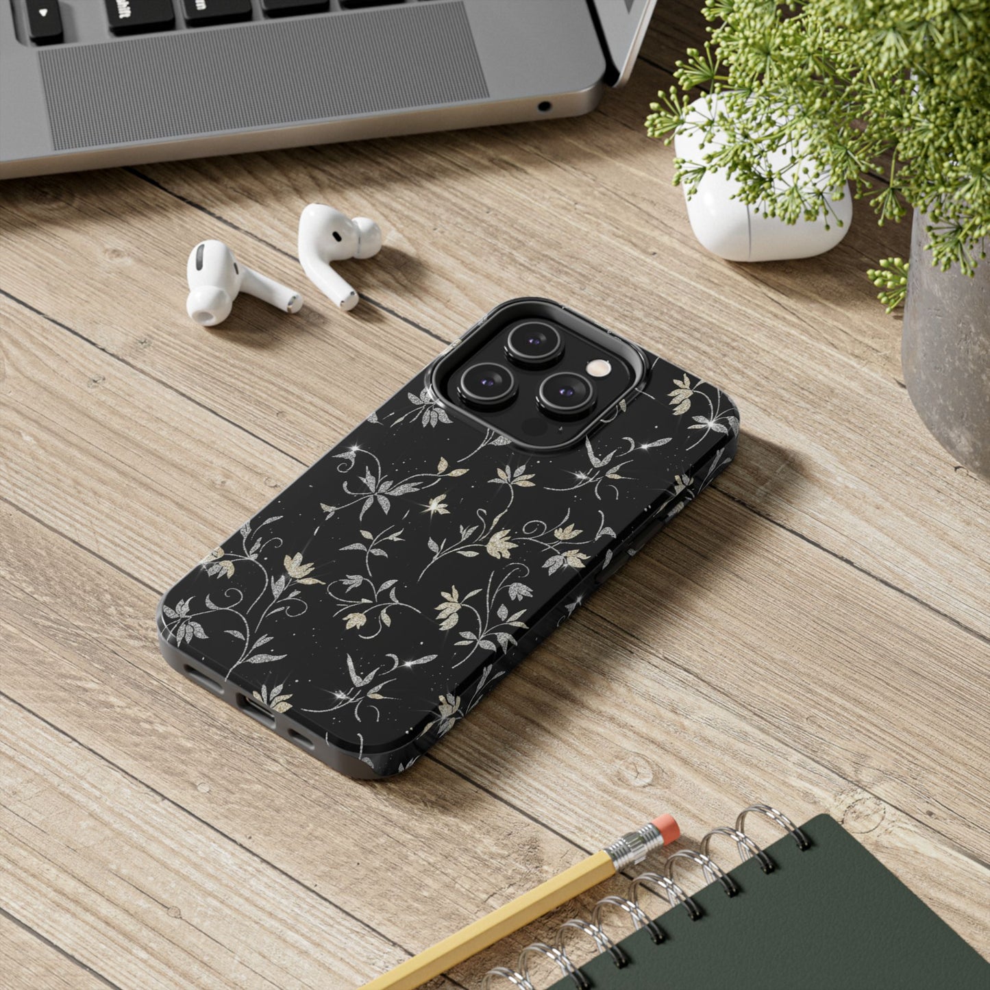 Floral Noir Tough Phone Case — Vintage Black Botanical Protective Cover
