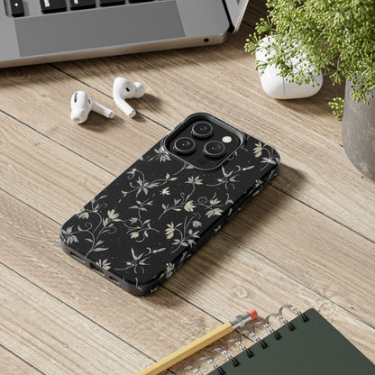Floral Noir Tough Phone Case — Vintage Black Botanical Protective Cover