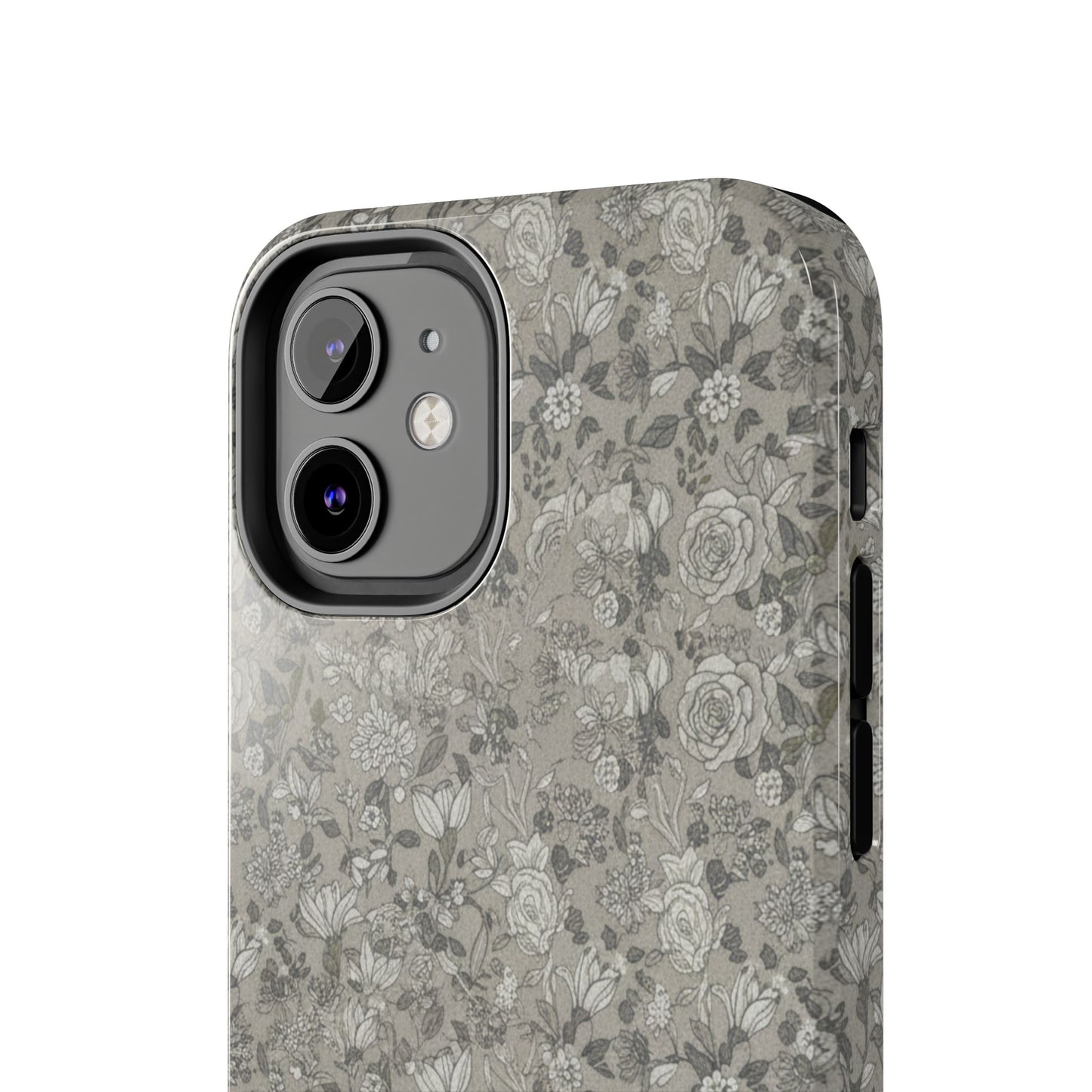 Gray Floral Tough Phone Case — Durable Protective Phone Cover with Vintage Botanical Pattern