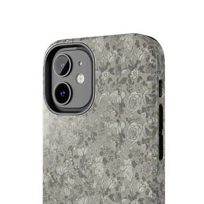 Gray Floral Tough Phone Case — Durable Protective Phone Cover with Vintage Botanical Pattern