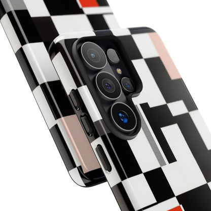 Abstract Geometric Phone Case – Black & White Checker Grid with Red Accent