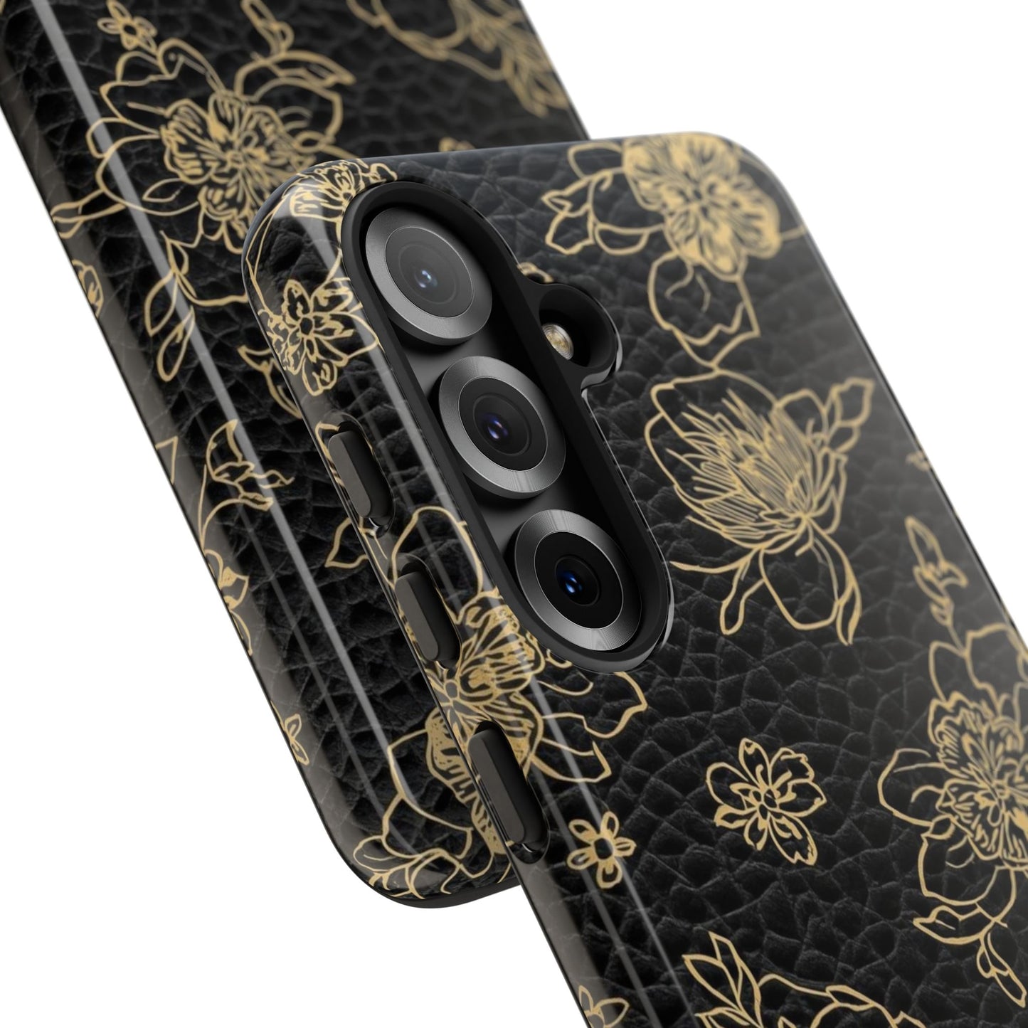 Floral Leather Phone Case — Gold Outline Flowers on Black Tough Case