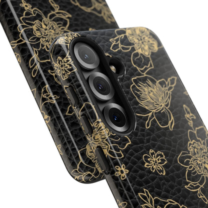 Floral Leather Phone Case — Gold Outline Flowers on Black Tough Case