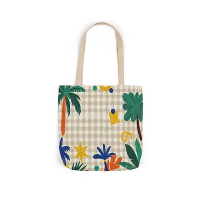 Tropical Gingham Canvas Tote — Palm Trees & Colorful Flora