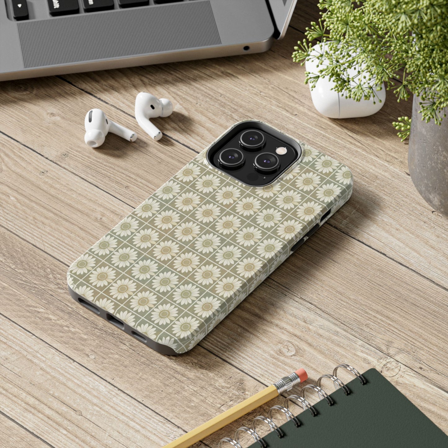 Daisy Tile Tough Phone Case — Retro Floral Protective Phone Cover