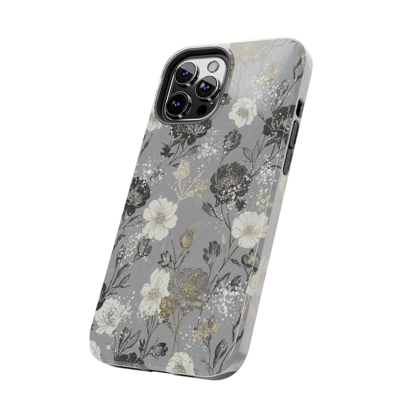 Floral Gray Tough Phone Case — Elegant Protective Phone Cover with Gold Accent