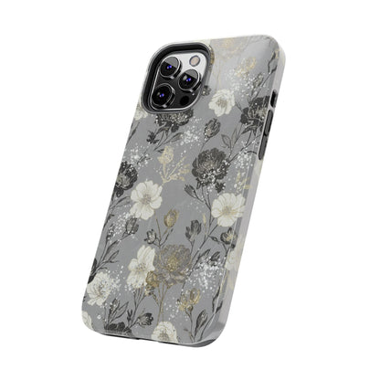Floral Gray Tough Phone Case — Elegant Protective Phone Cover with Gold Accent