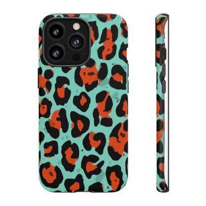 Leopard Print Tough Phone Case — Teal & Rust Protective iPhone Cover