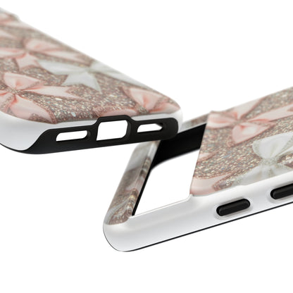 Glitter Bow Tough Phone Case — Pink & White Ribbon Protective Cover