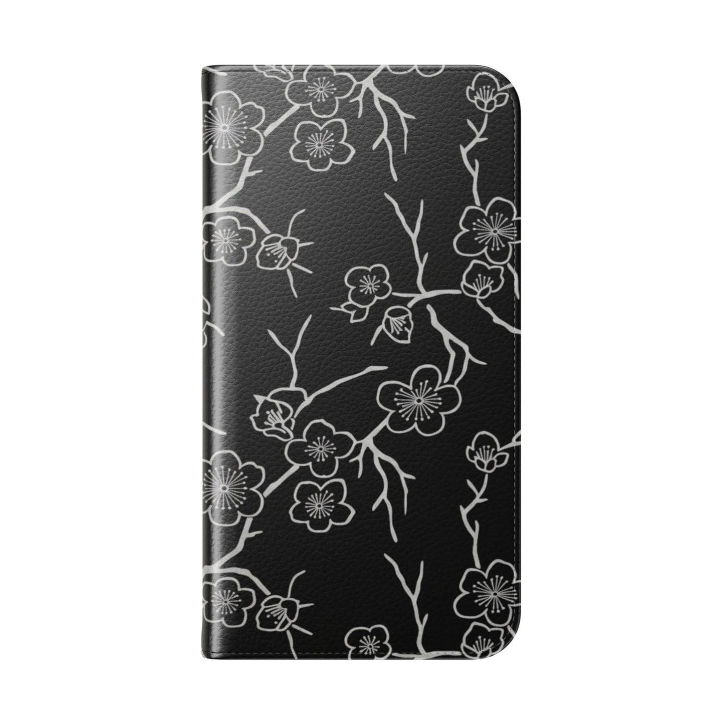 Black Cherry Blossom Flip Phone Case – Floral Wallet Flip Case with Card Slots