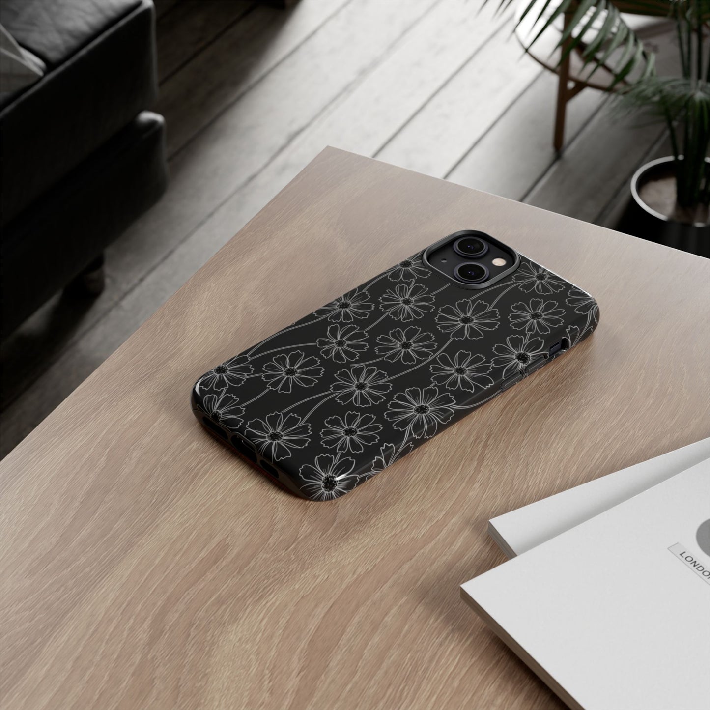Floral Doodle Tough Phone Case — Black & Gray Daisy Pattern