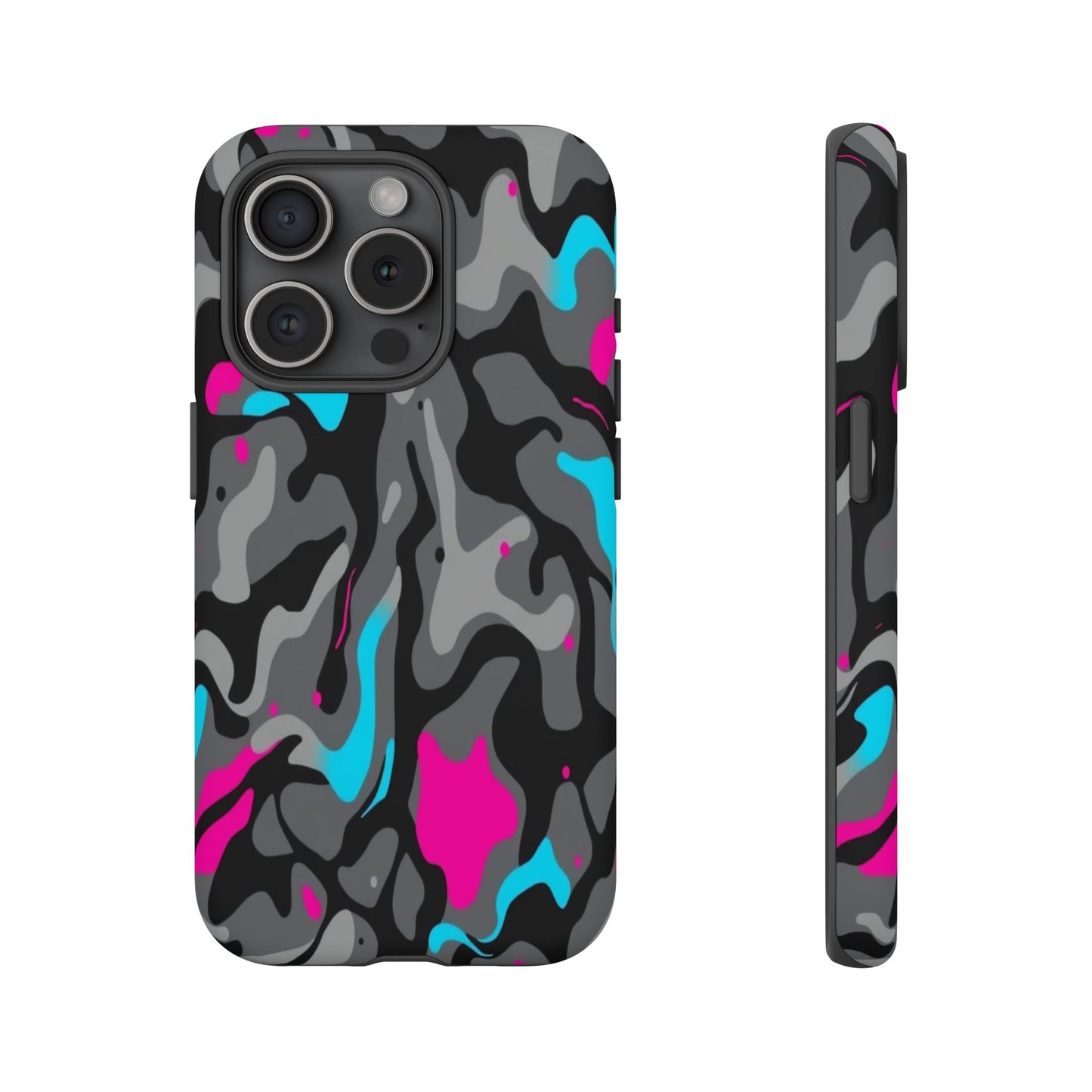 Camouflage Phone Case — Gray Camo with Neon Pink & Cyan Accent Tough Protective Cover