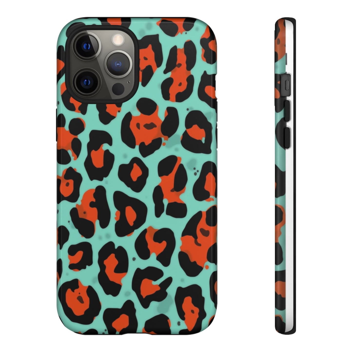 Leopard Print Tough Phone Case — Teal & Rust Protective iPhone Cover