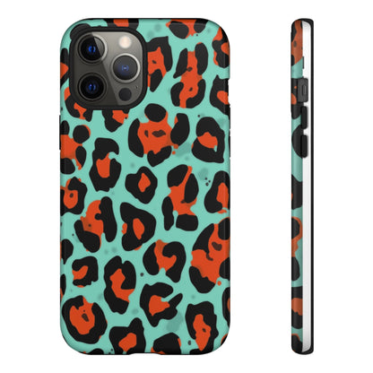 Leopard Print Tough Phone Case — Teal & Rust Protective iPhone Cover