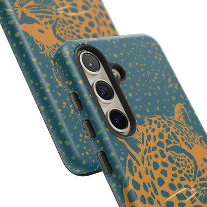 Leopard Print Tough Phone Case — Gold Panther on Teal, Protective iPhone Cover