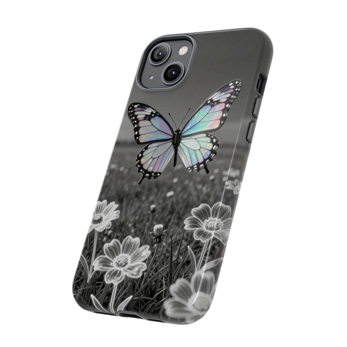 Butterfly Field Tough Phone Case — Pastel Holographic Butterfly on Black & White Floral Background