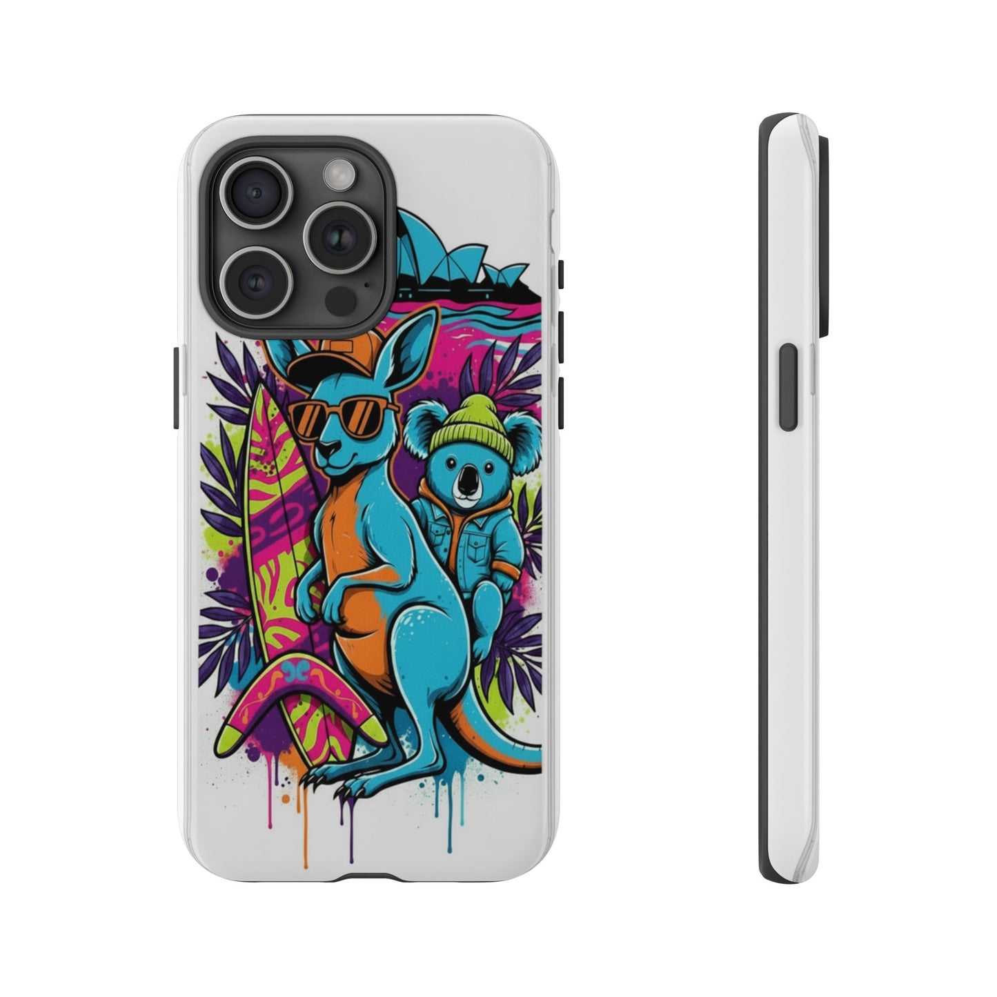 Kangaroo & Koala Surf Phone Case — Retro Neon Beach Art Tough Case