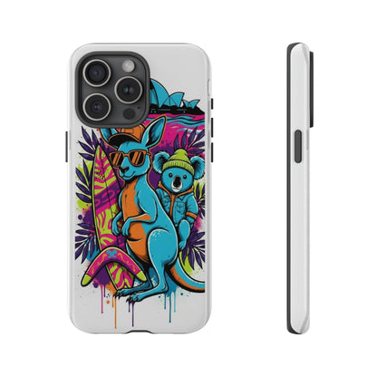 Kangaroo & Koala Surf Phone Case — Retro Neon Beach Art Tough Case