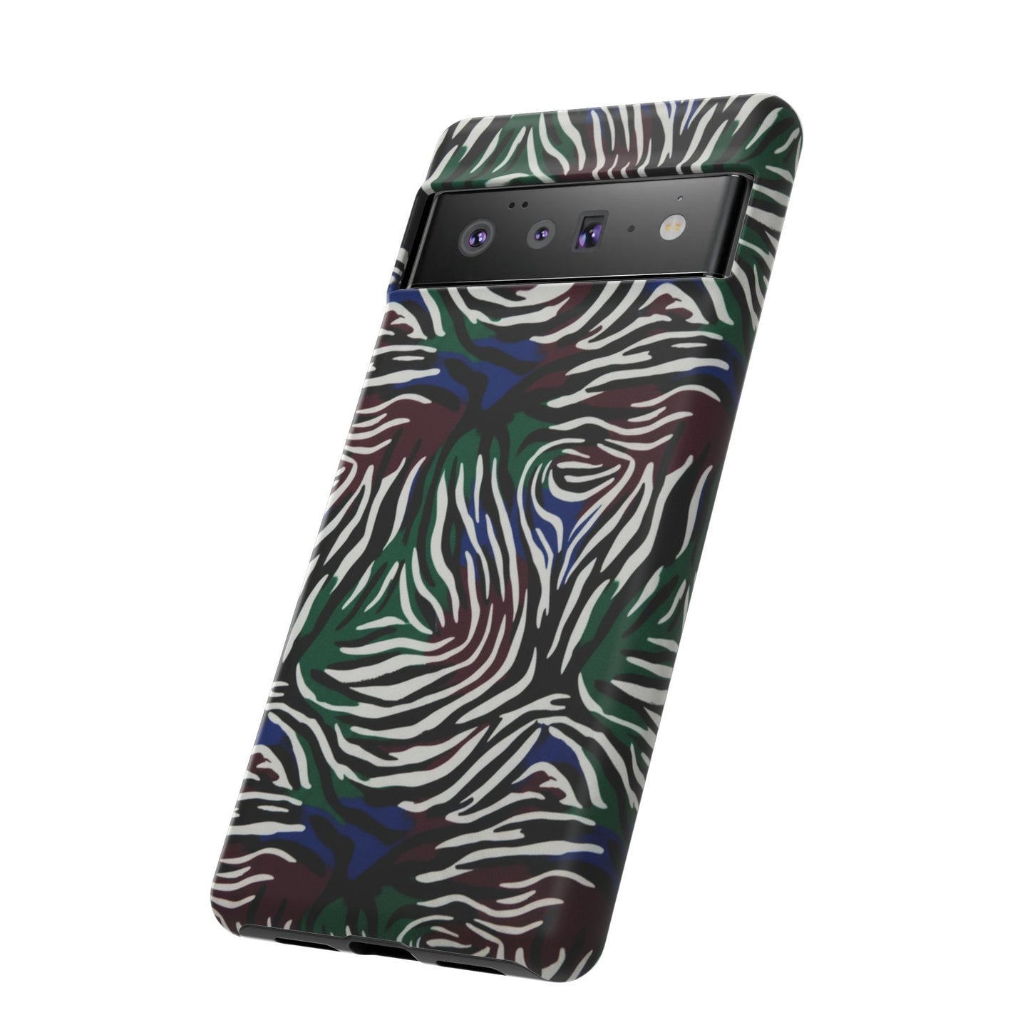 Zebra Camo Tough Phone Case – Green & Blue Animal Print Protective Cover