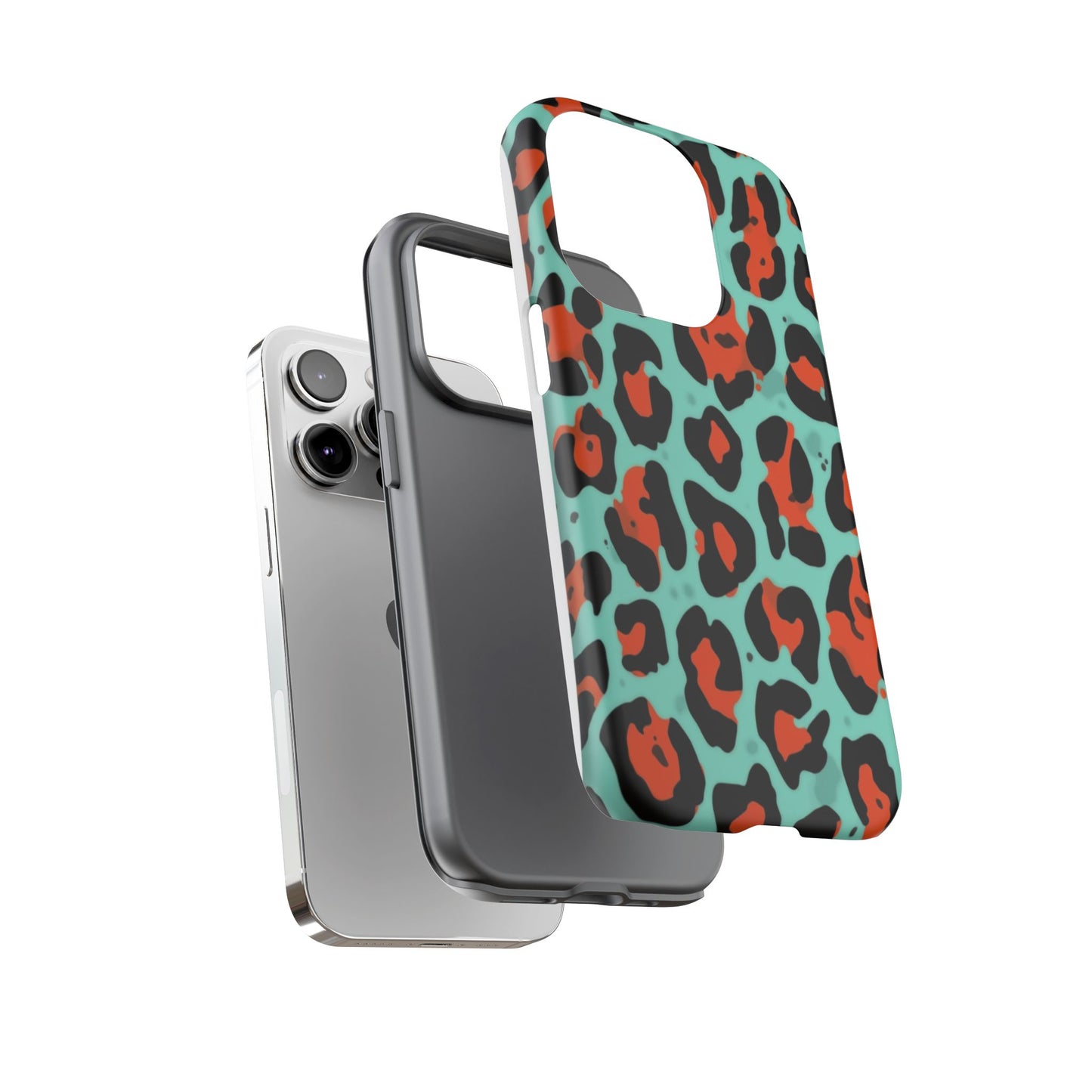 Leopard Print Tough Phone Case — Teal & Rust Protective iPhone Cover