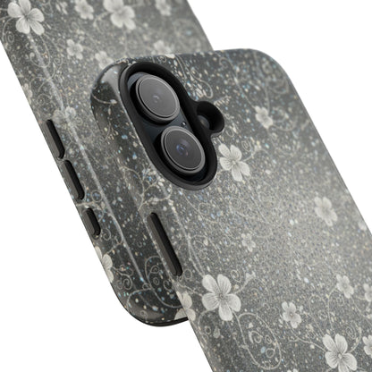 Floral Sparkle Tough Phone Case — Black & Silver Vintage Blossom