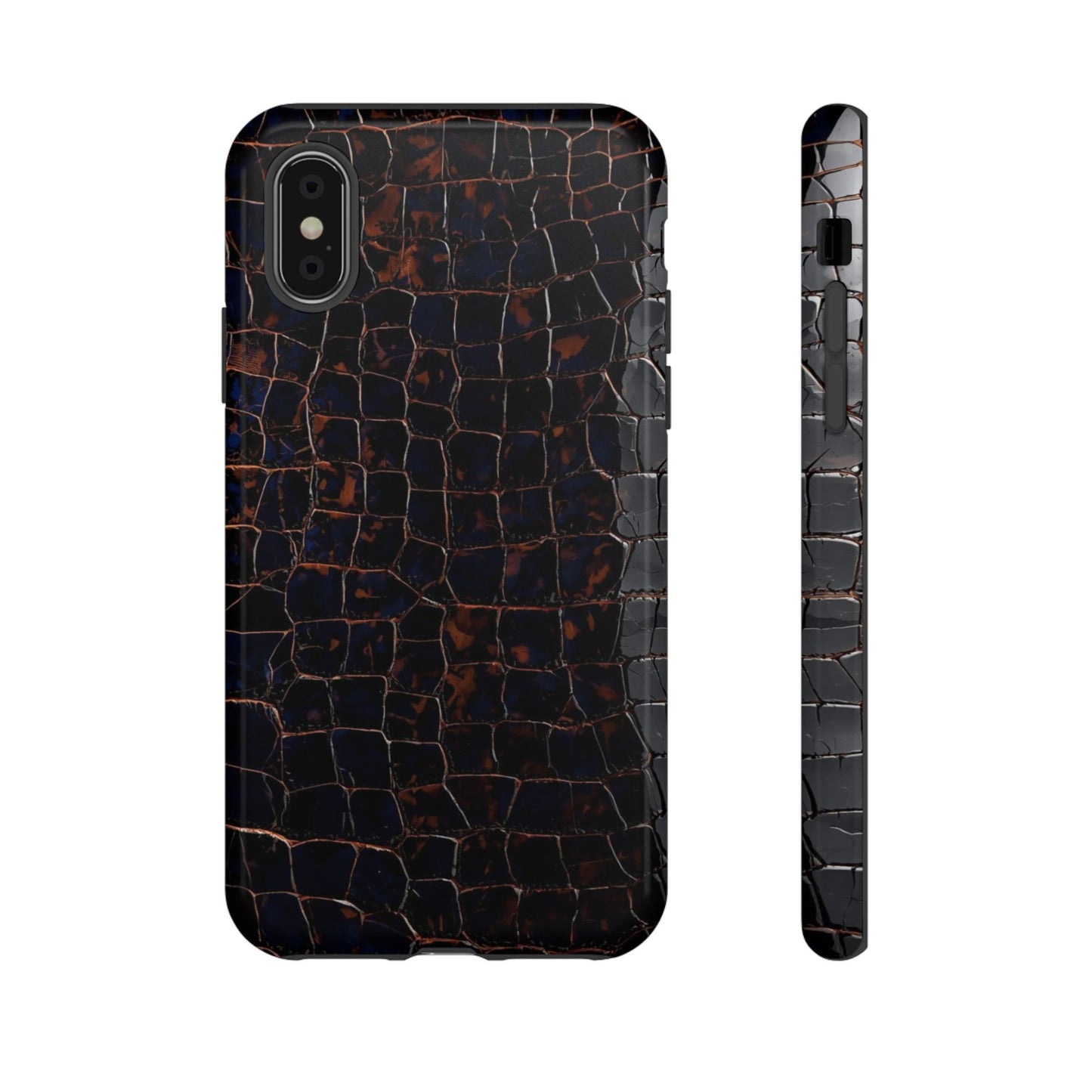 Croc-Embossed Tough Phone Case — Shockproof Black Alligator Texture