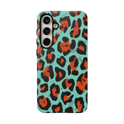 Leopard Print Tough Phone Case — Teal & Rust Protective iPhone Cover