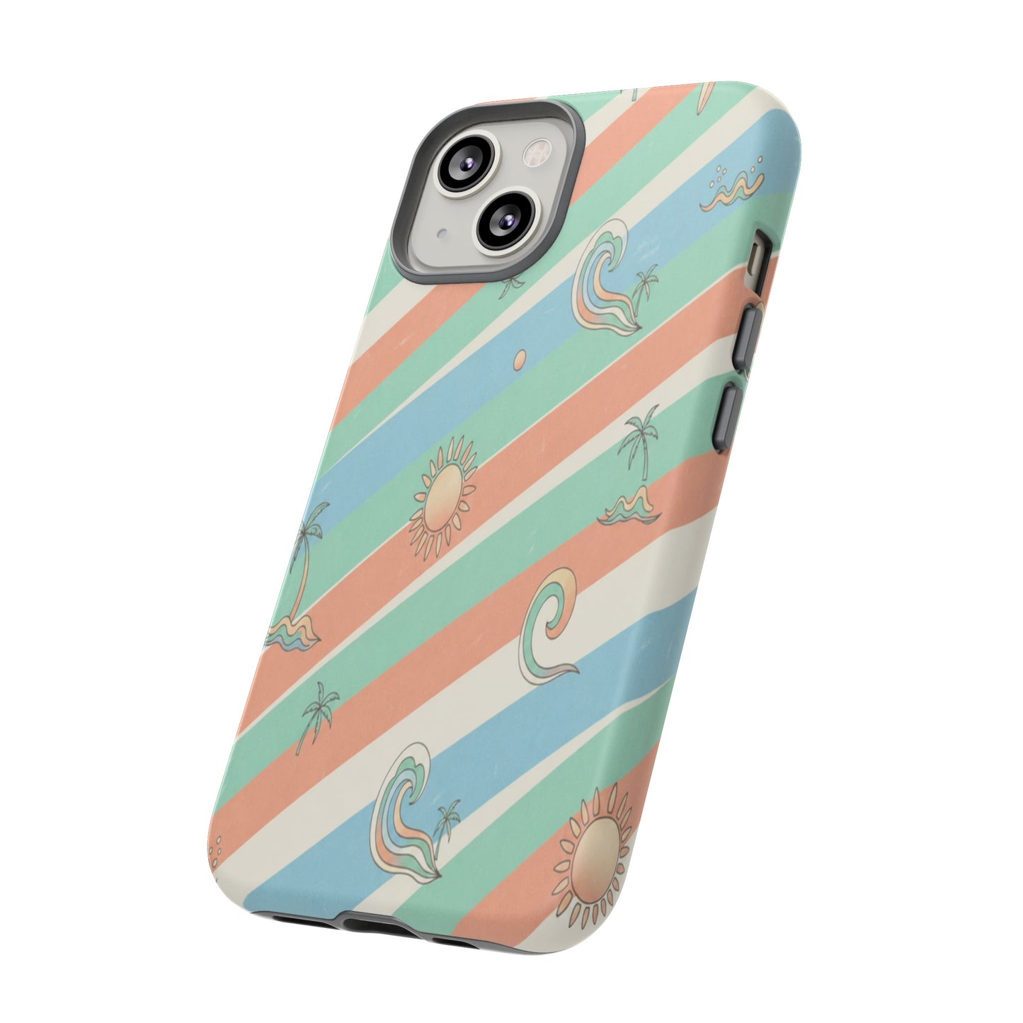 Retro Beach Stripes Phone Case — Sun, Waves & Palm Pattern Tough Case