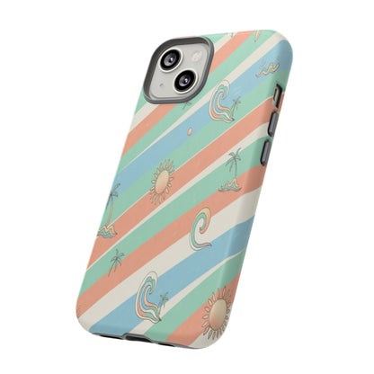 Retro Beach Stripes Phone Case — Sun, Waves & Palm Pattern Tough Case