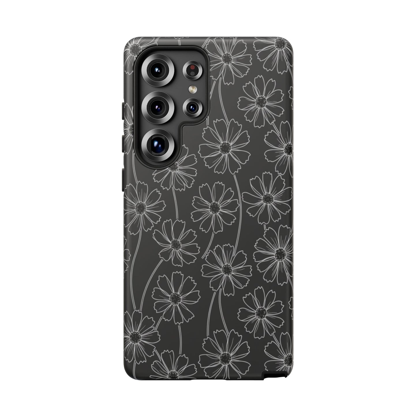Floral Doodle Tough Phone Case — Black & Gray Daisy Pattern