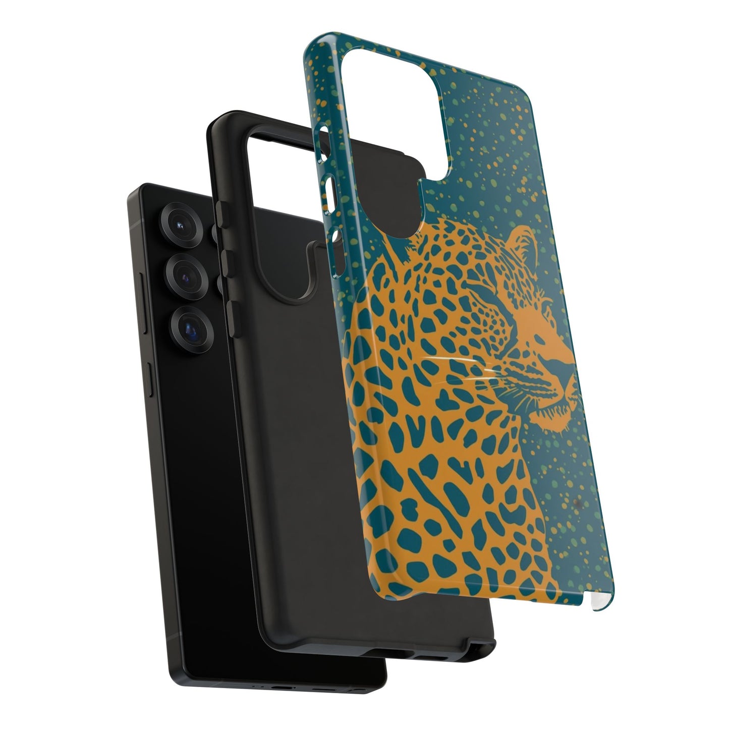 Leopard Print Tough Phone Case — Gold Panther on Teal, Protective iPhone Cover