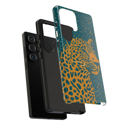 Leopard Print Tough Phone Case — Gold Panther on Teal, Protective iPhone Cover