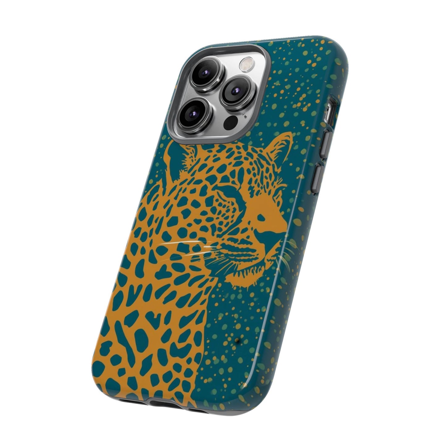 Leopard Print Tough Phone Case — Gold Panther on Teal, Protective iPhone Cover