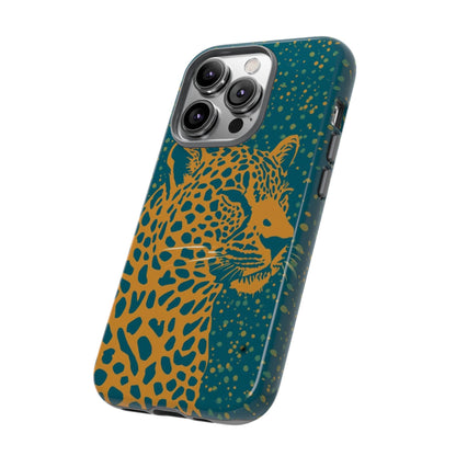 Leopard Print Tough Phone Case — Gold Panther on Teal, Protective iPhone Cover