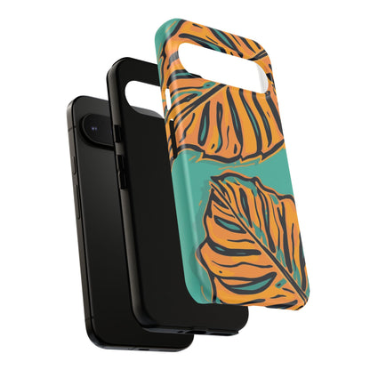 Tropical Leaf Tough Phone Case — Orange Monstera Design on Teal